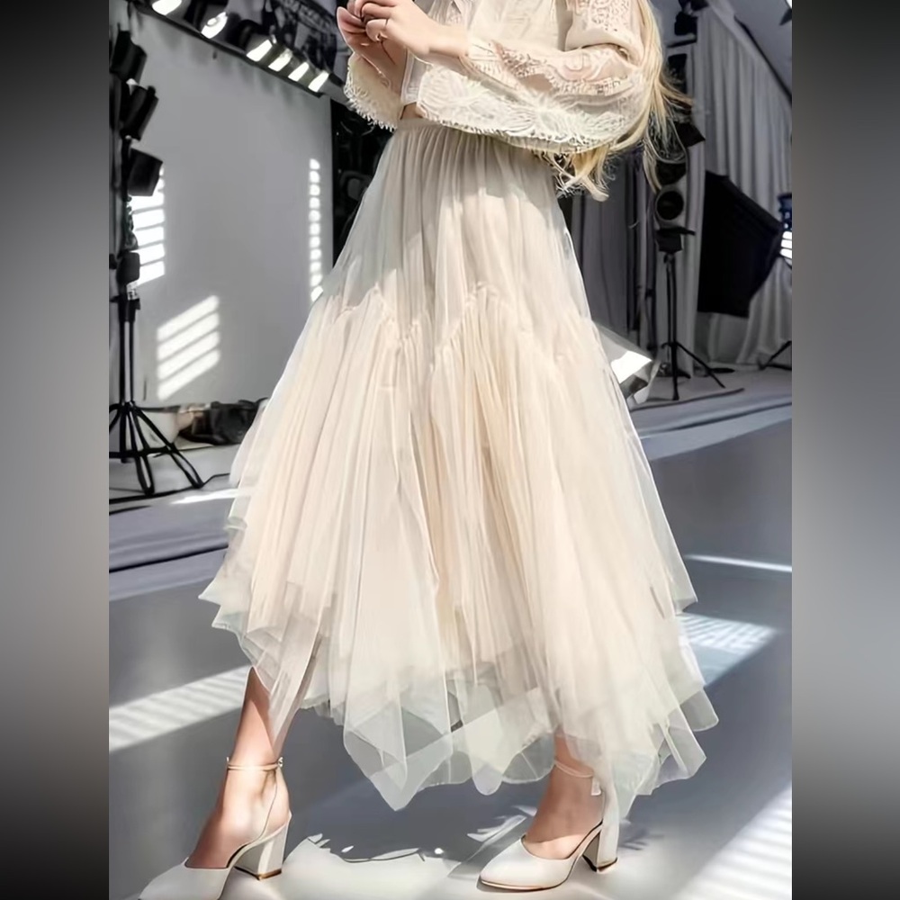 Luxe mesh asymmetrical hem maxi skirt - Picture 1 of 15